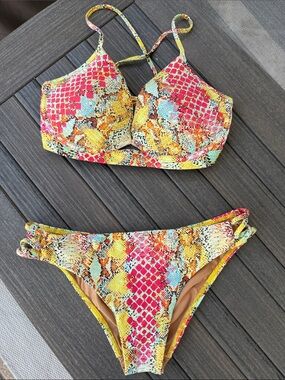 Luli Fama Multicolor Snake-Print Bikini Set - Bright Pink & Yellow